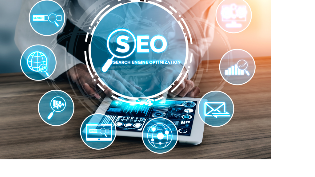 Digital tablet showing SEO and analytics icons for search engine optimization.