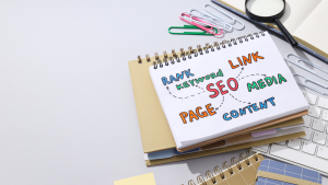 Notebook showing SEO keywords, links, and content strategy planning.