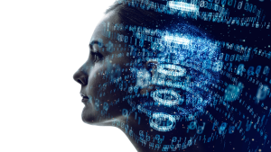 Profile of a woman with digital binary code overlay symbolizing AI and data-driven marketing.